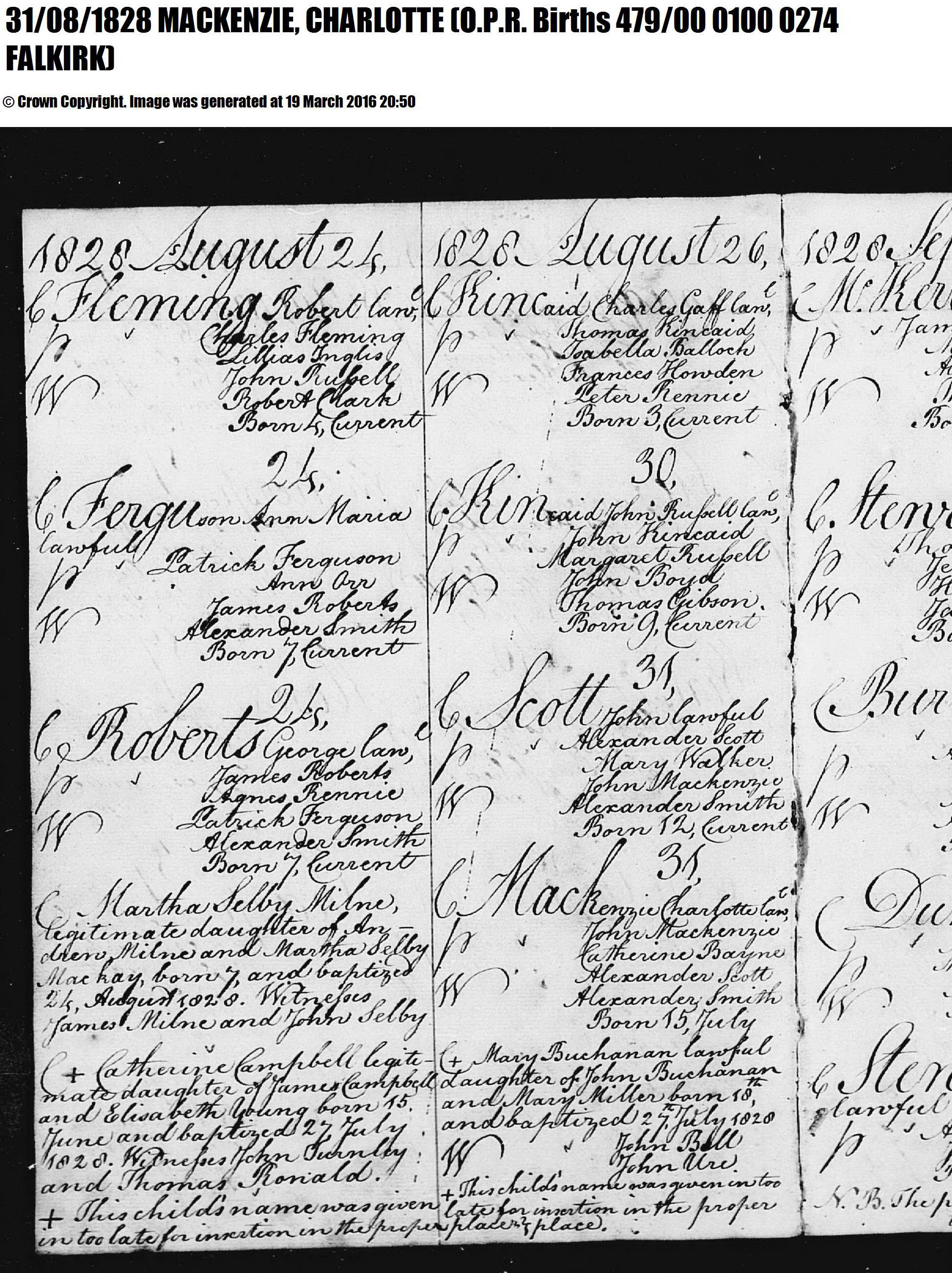 Baptism Register Entry 1828 Charlotte MacKENZIE, August 31, 1828, Linked To: <a href='i480.html' >Charlotte McKenzie ¯</a>